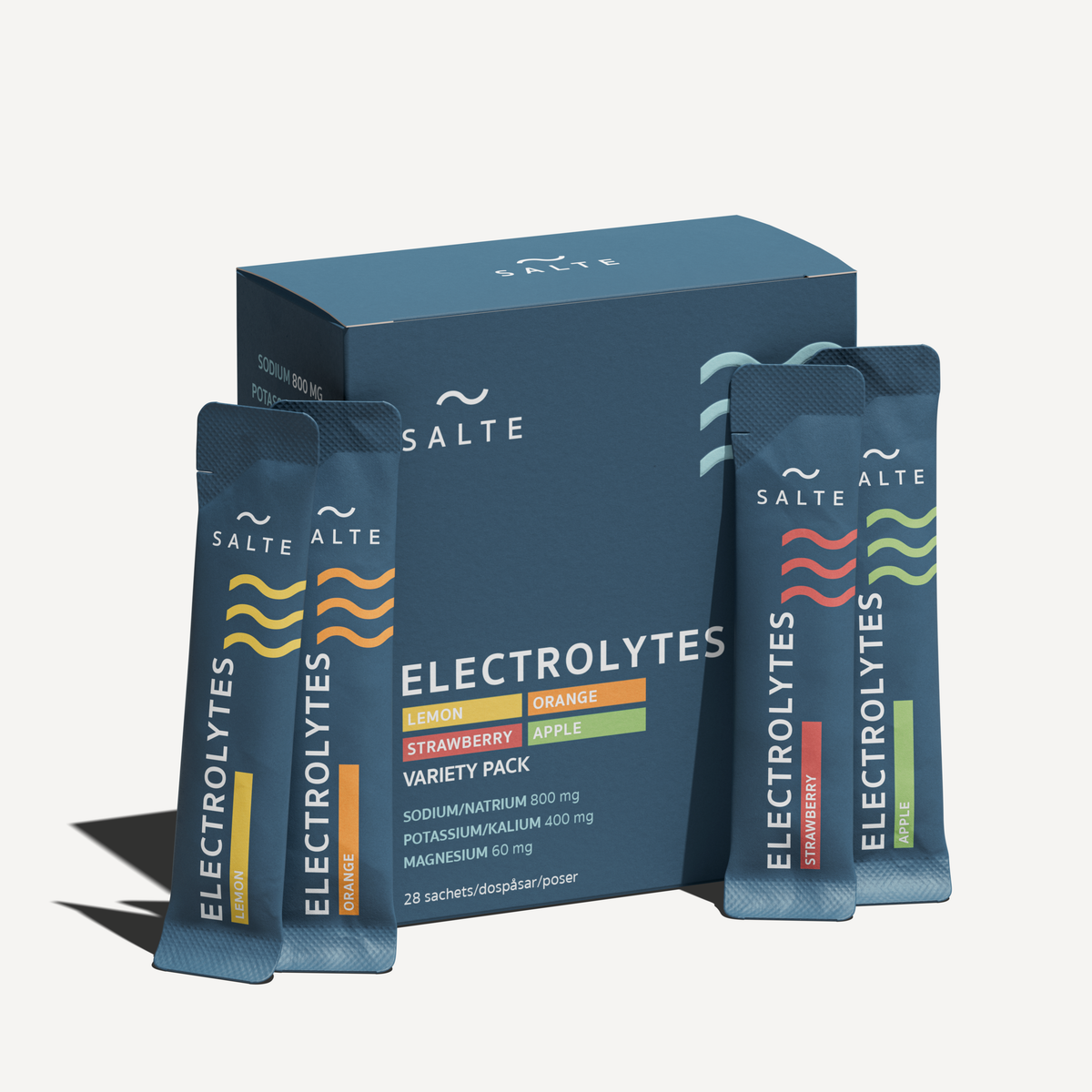 SALTE Variety Pack 28-pack box with Lemon, Orange, Strawberry and Apple electrolyte sachets